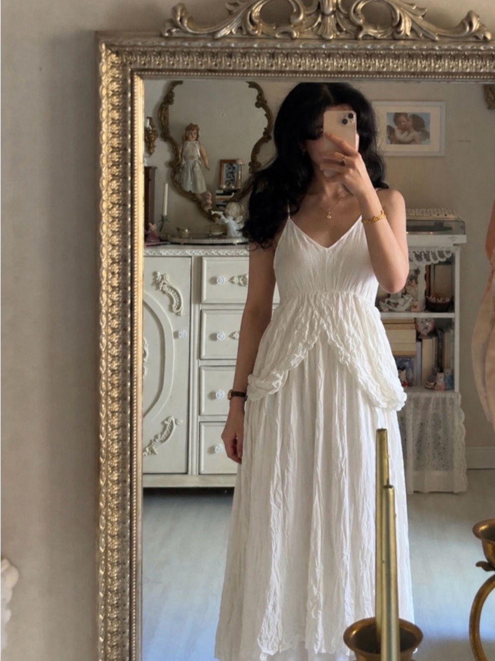 Nina Leonard White V-Neck Maxi Dress with Peplum Overlay